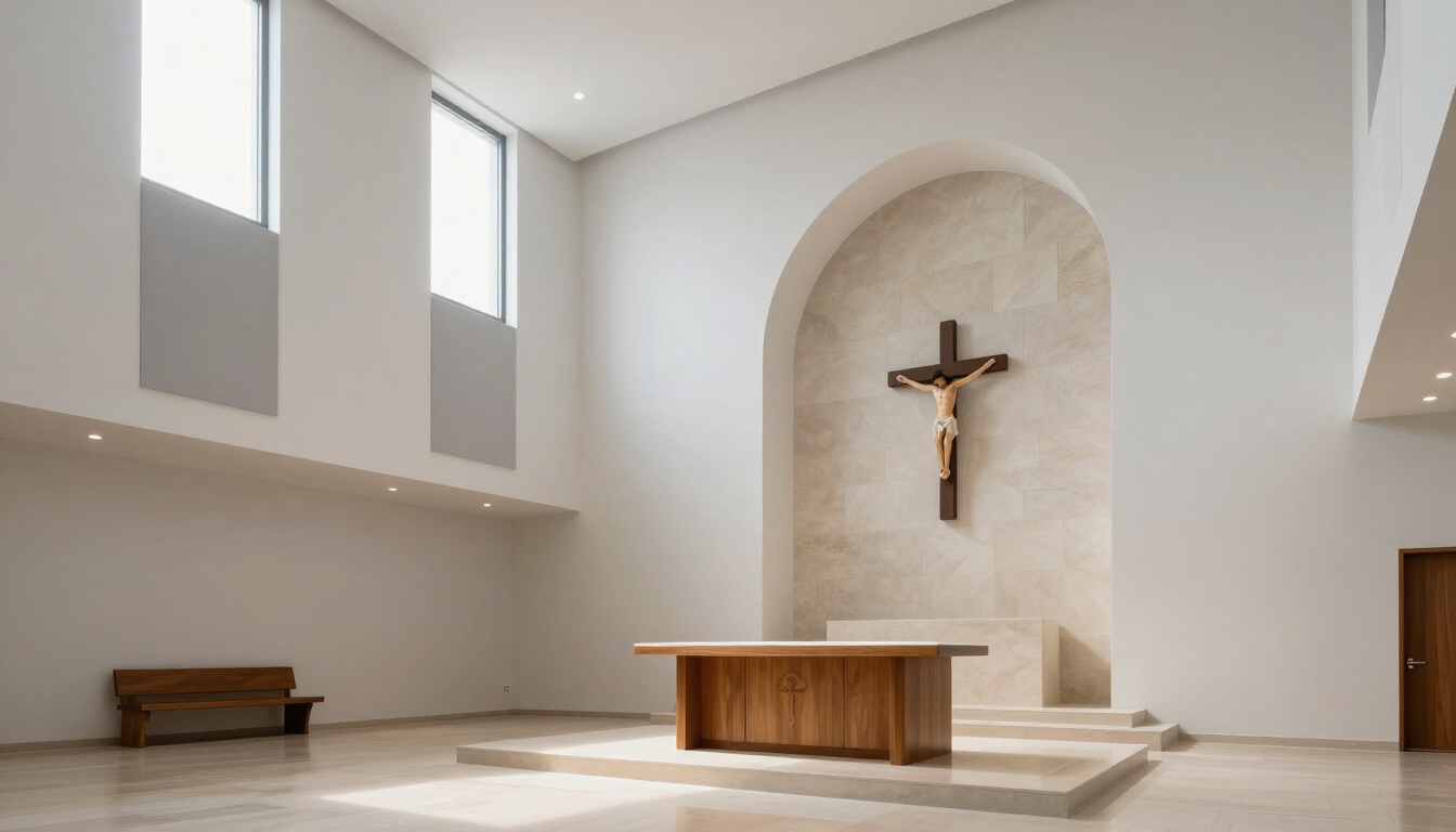 Interno di una chiesa con pannelli fonoassorbenti discreti per correzione acustica