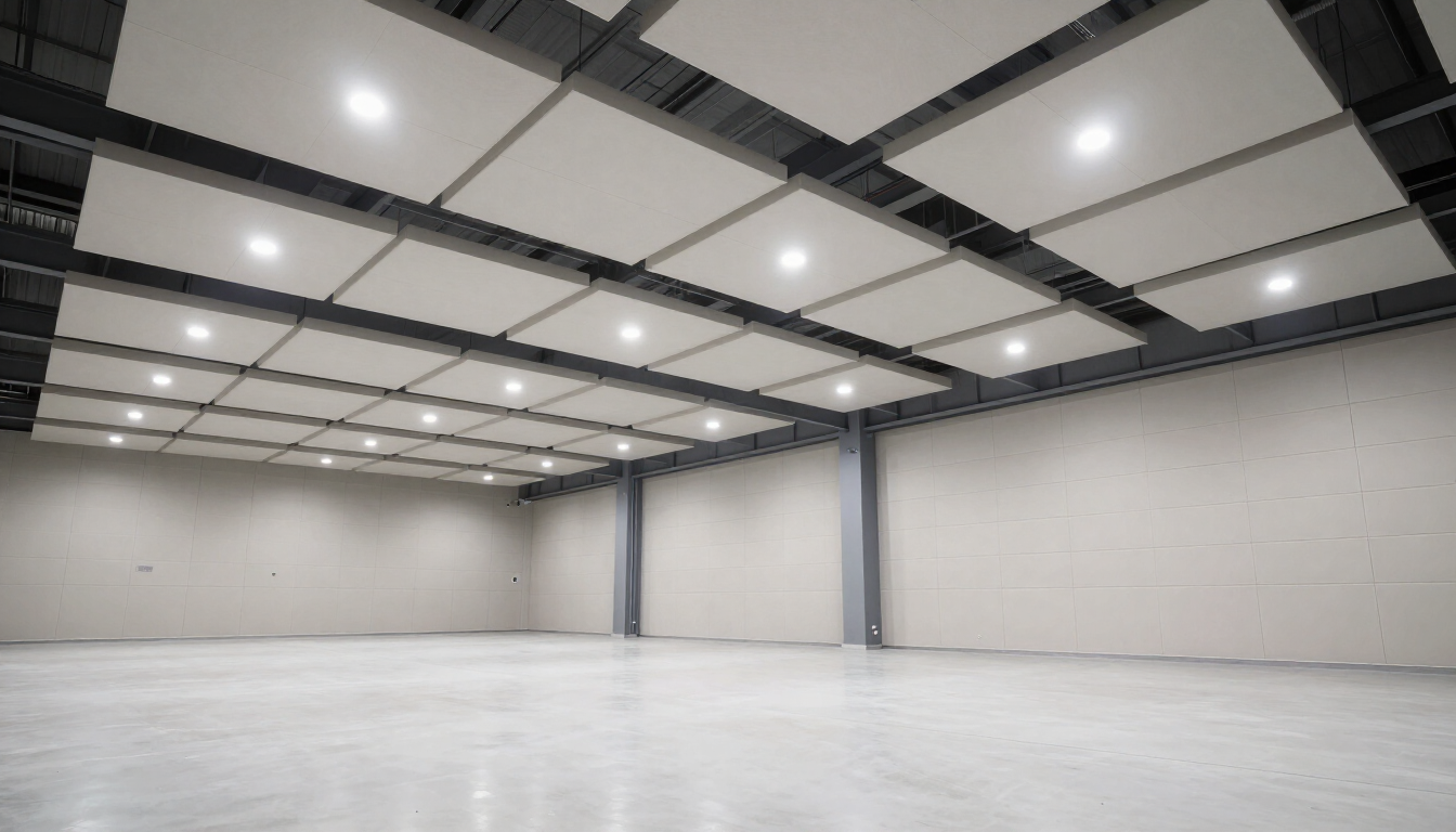 Interno di fabbrica con sistemi di insonorizzazione industriale moderni