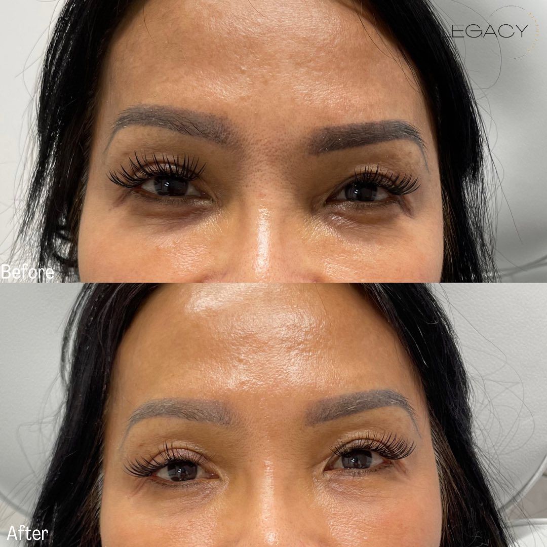 Side-by-side close-up of eyes and brows before and after makeup application
