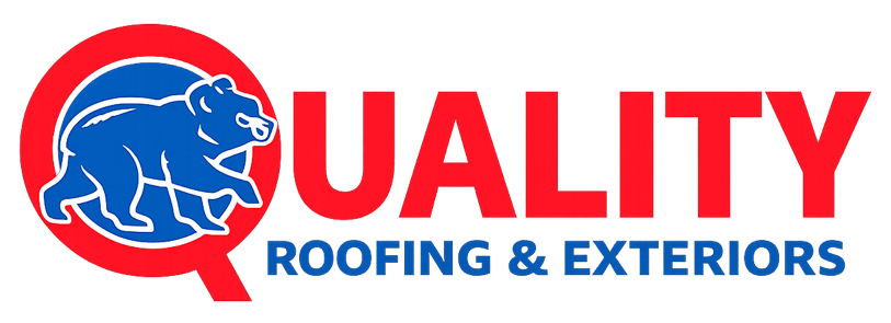 Quality Roofing & Exteriors logo with blue panther and red text on white background