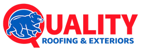 Quality Roofing & Exteriors logo with blue panther and red text on white background