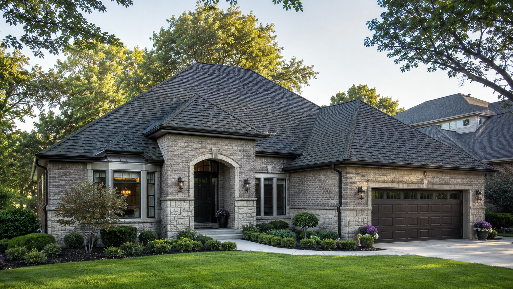 Stone single-story house with dark shingled roof, arched entryway, and attached garage surrounded by green lawn.