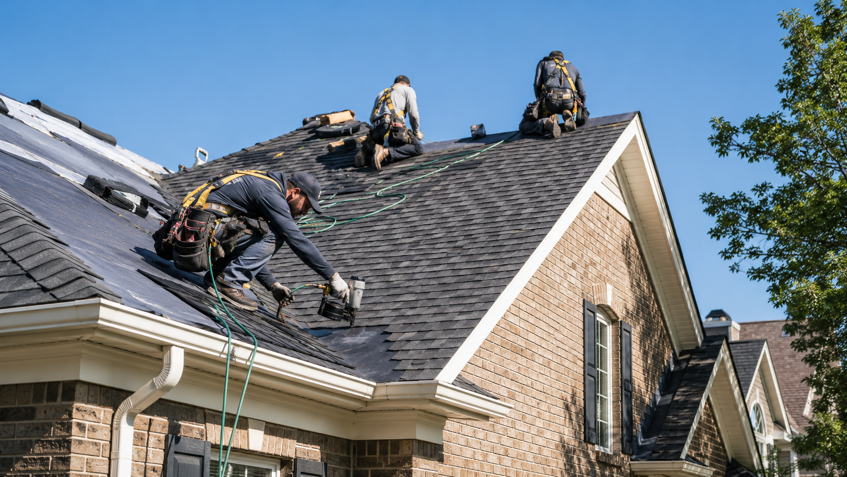 Roofing crew repairing a shingled house roof under a clear blue sky