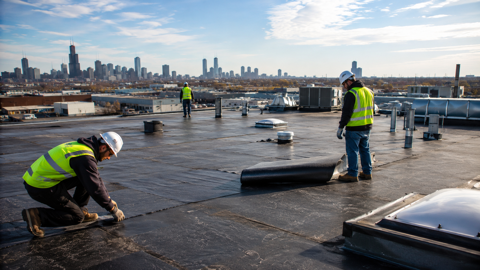 Workers in neon vests repairing a flat rooftop with a city skyline in the background
