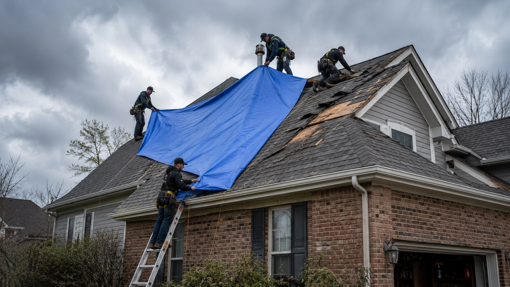 Workers on a roof covering storm damage with a blue tarp beside a ladder and exposed shingles