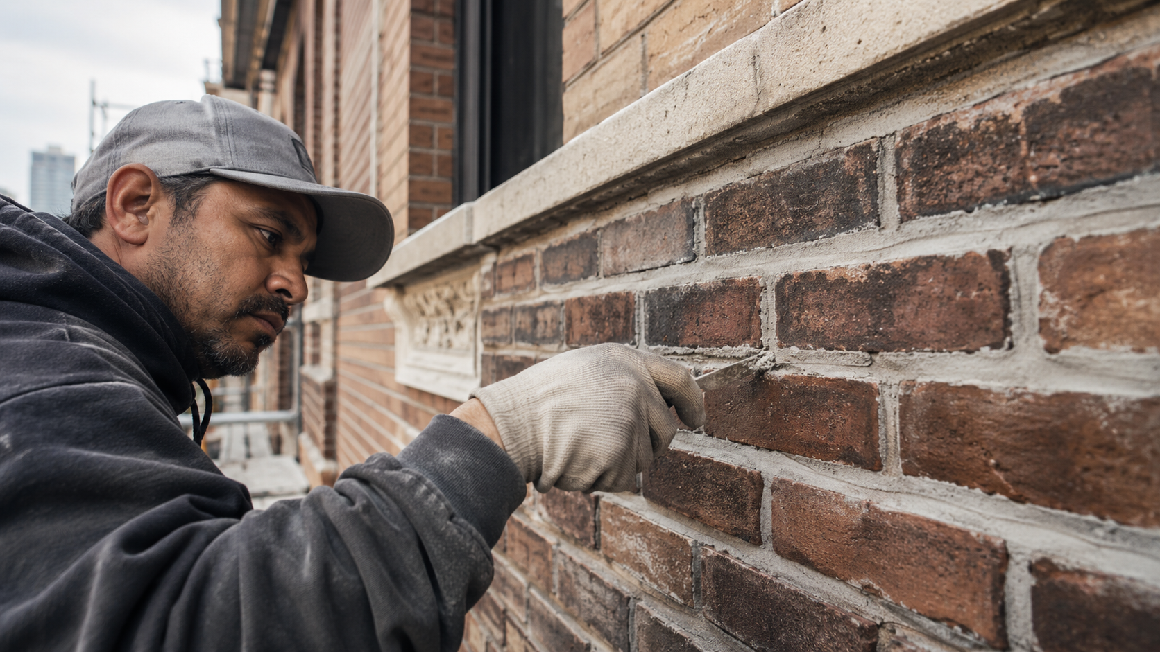 Worker applying mortar to a brick wall with a trowel outdoors