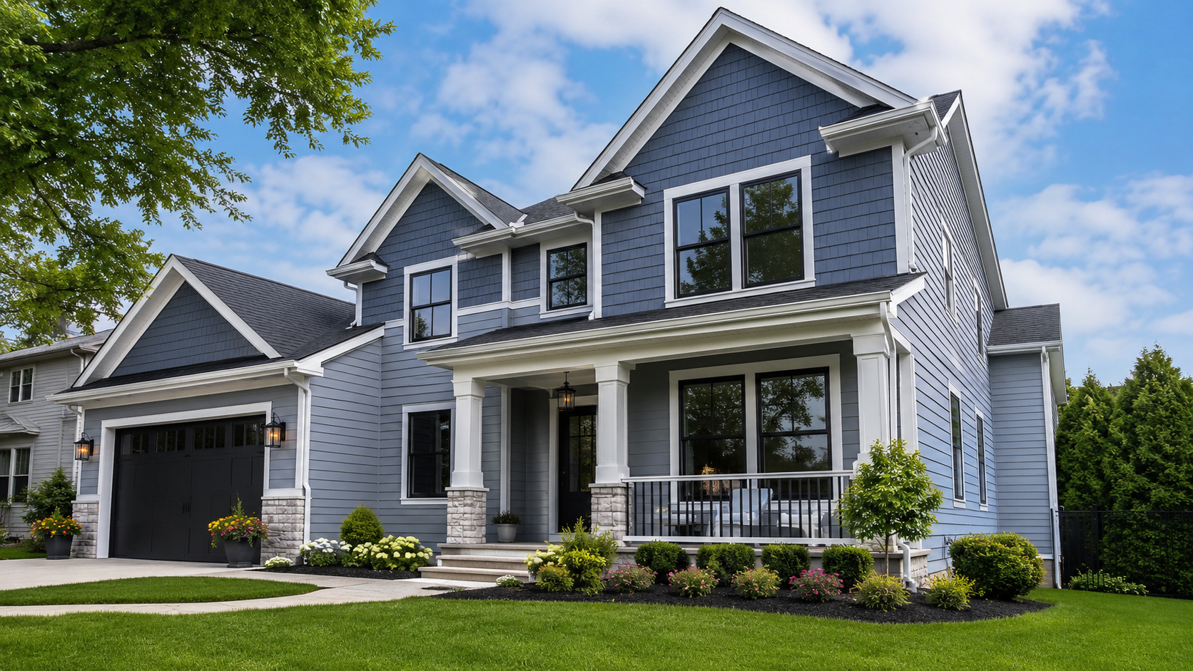 Modern gray two-story house with a black garage, white trim, and a manicured lawn