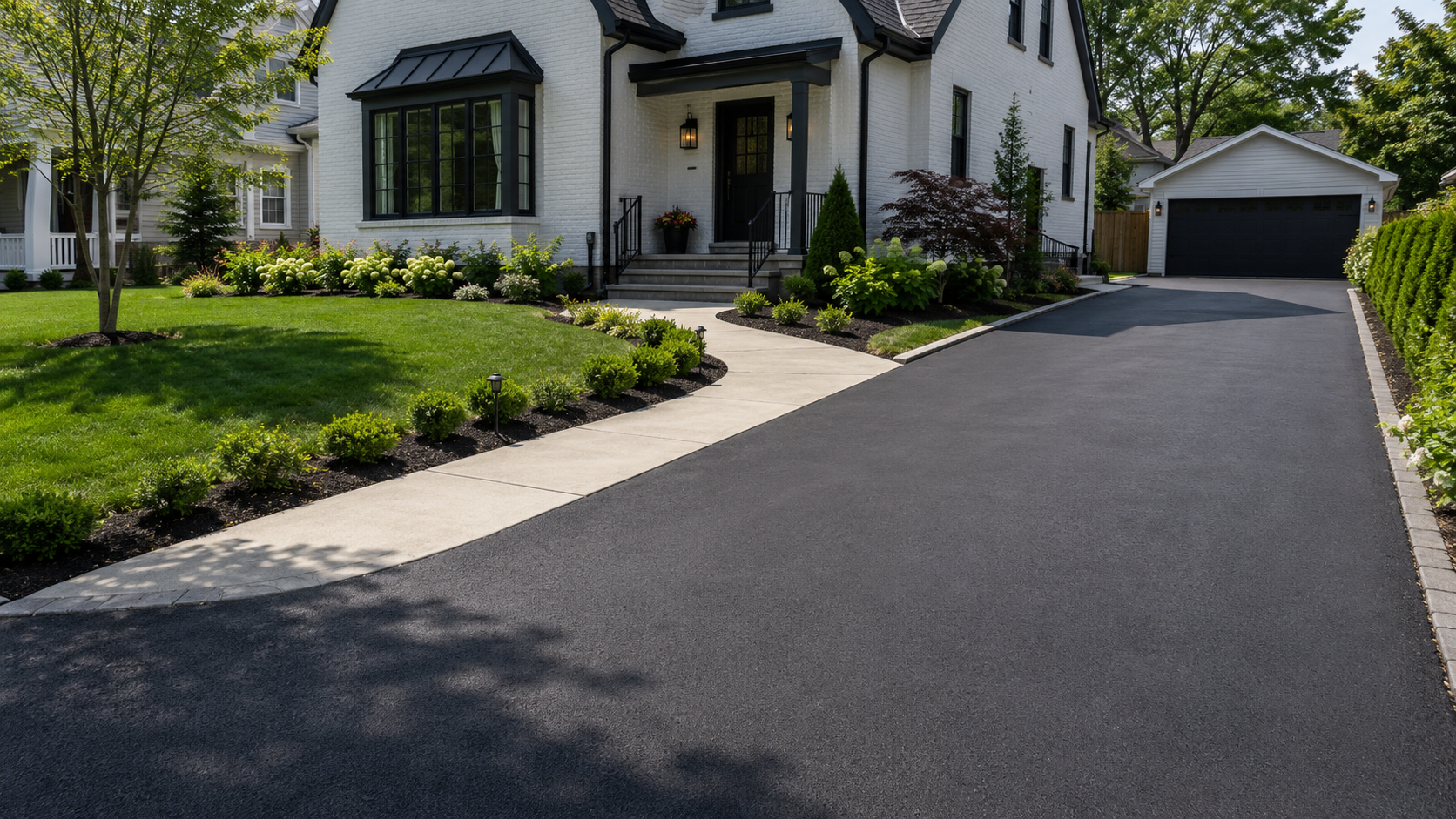 White house with dark roof, landscaped front yard, and a long black driveway leading to a detached garage.