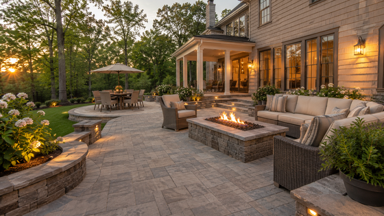 Large luxury mansion with a dark driveway, manicured lawn, and blue sky.