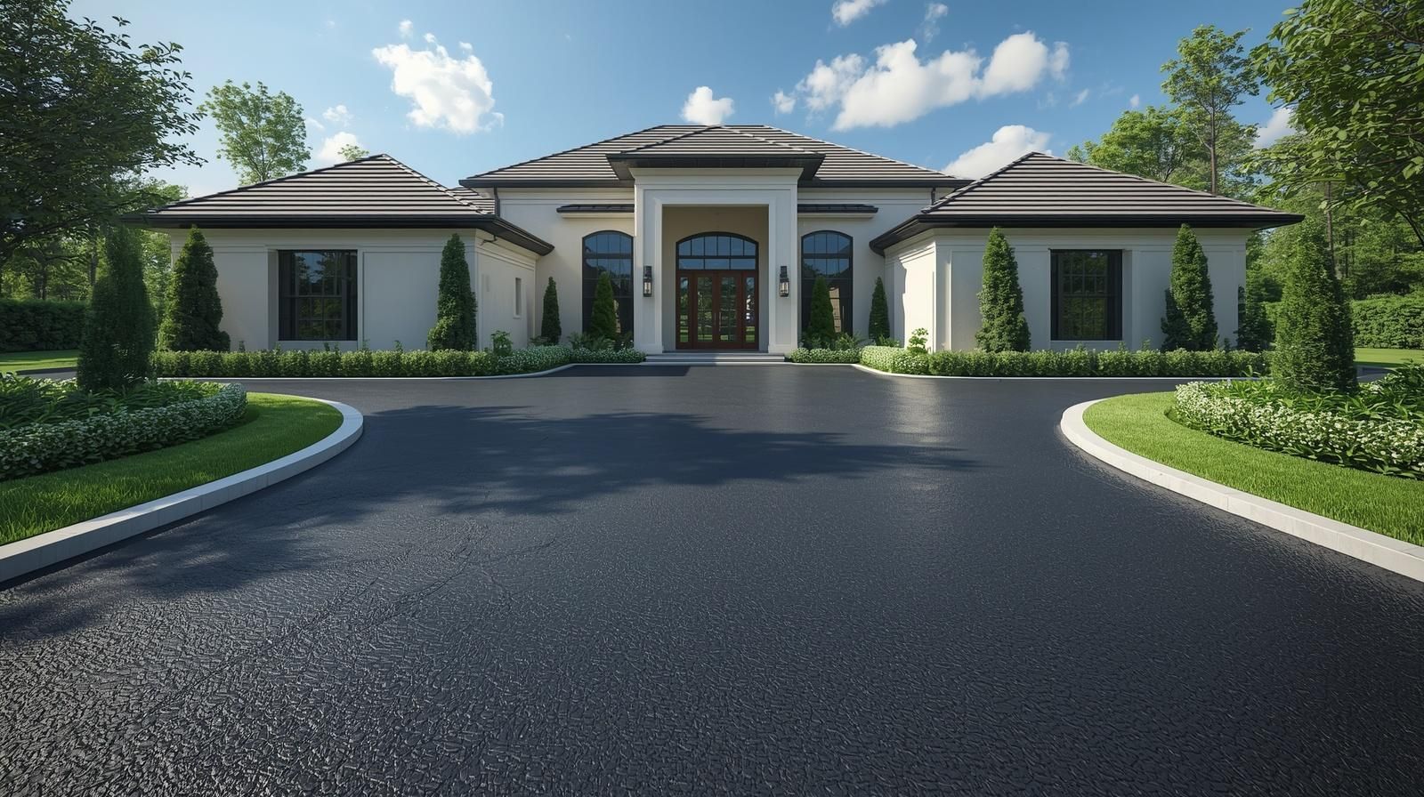 Large modern house with a white facade, manicured hedges, and a curved driveway under a blue sky.