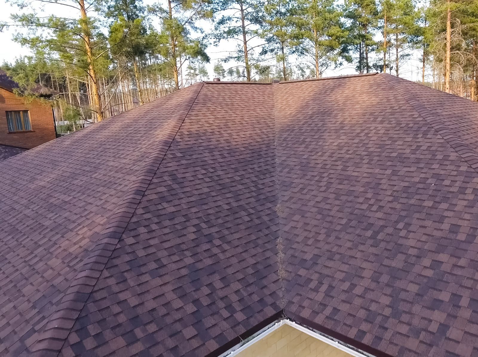 Brown shingled house roof with a central ridge, surrounded by tall trees in daylight