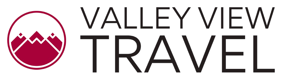 Valley View Travel logo with maroon mountain icon and black text on white background