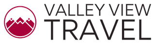 Valley View Travel logo with maroon mountain icon and black text on white background