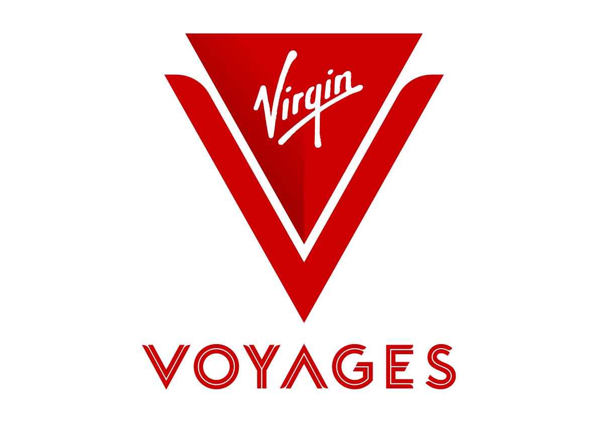 Virgin Voyages red logo with stylized V and wordmark on white background