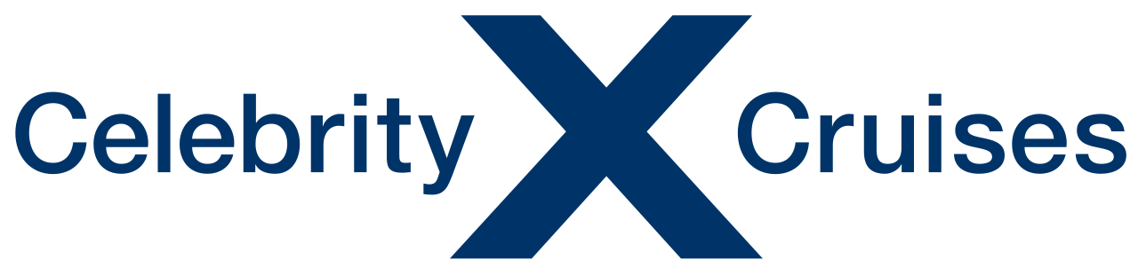 Celebrity X Cruises logo with blue text and large stylized blue X