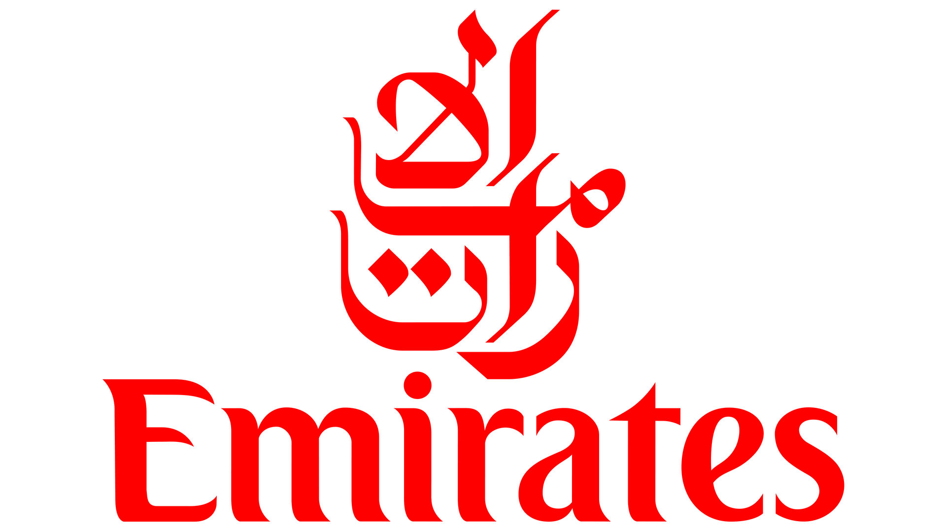 Emirates logo in red with Arabic calligraphy above the English wordmark on a white background