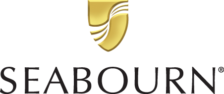 Seabourn logo in black text with a gold shield-like emblem above it