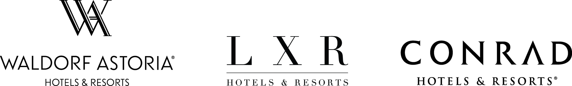 Waldorf Astoria, LXR, and Conrad hotel brand logos on a white background