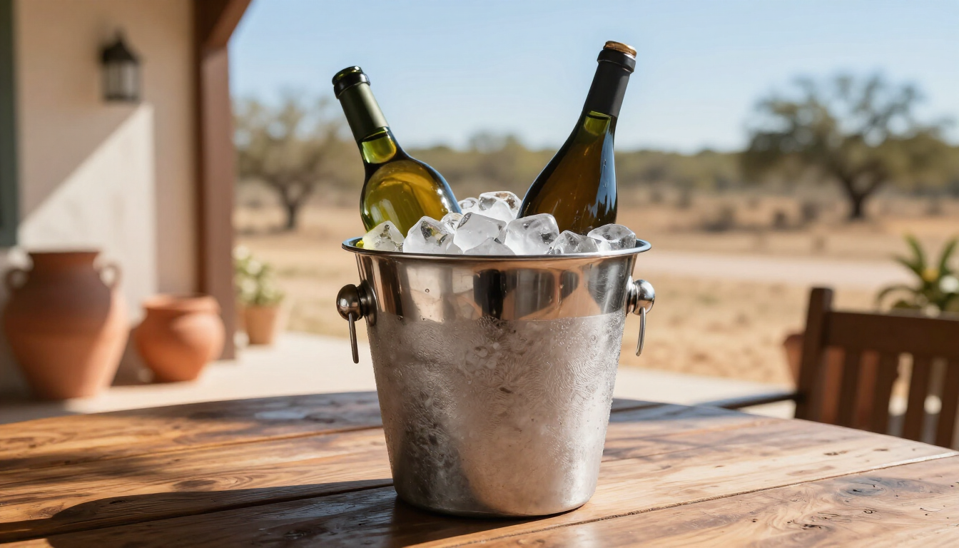 photorealistic elegant wine bottle chilling in a silver ice bucket on a sunny Texas patio