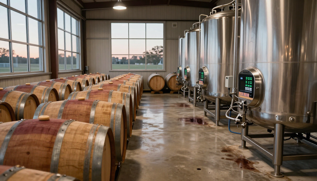 photorealistic wine fermentation process in a modern organic winery Lockhart Texas wooden barrels stainless steel tanks