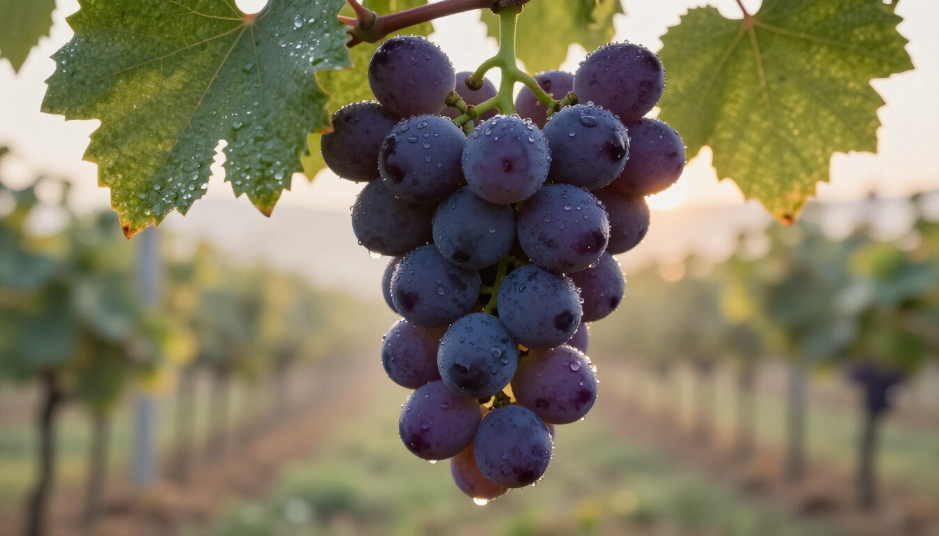 photorealistic close up of organic grapes in a vineyard with morning dew