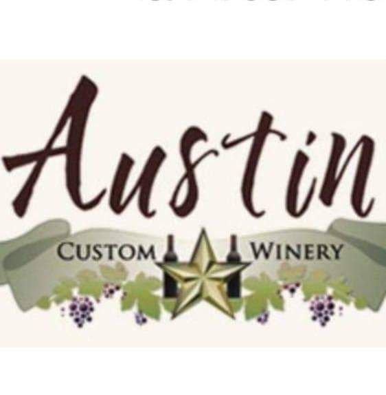 Austin Custom Winery logo with script text, green vines, grapes, and a gold star emblem