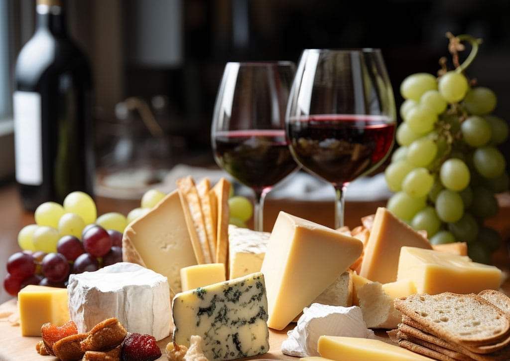Wine, grapes, cheese, and crackers arranged on a table with two red wine glasses