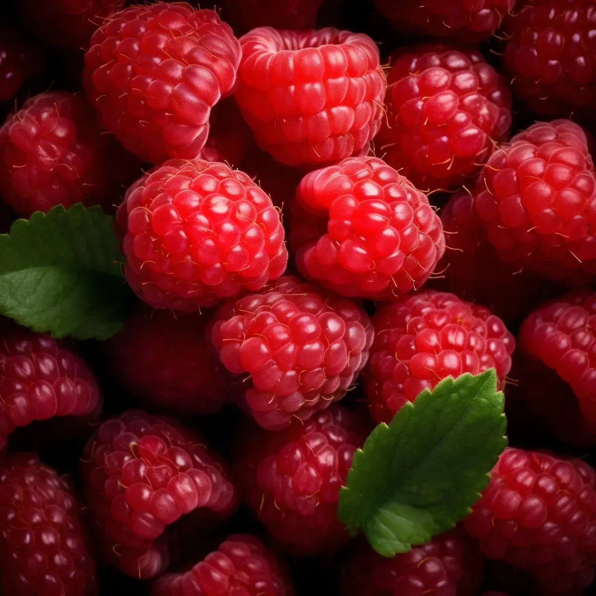 Close-up of fresh red raspberries with green leaves.