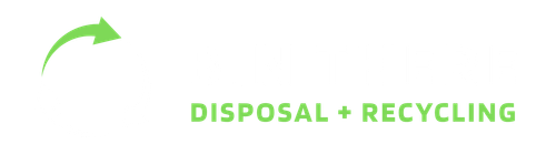 Green recycling arrow with the text “DISPOSAL + RECYCLING” on a white background.