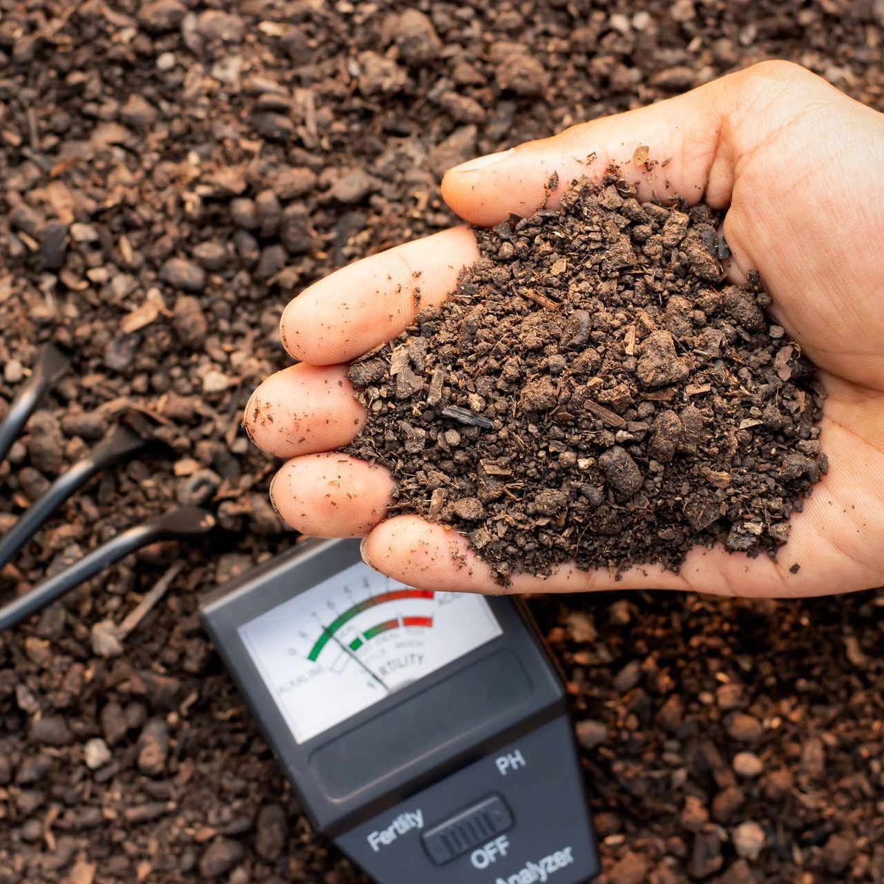A hand holding a pile of dirt next to a ph meter