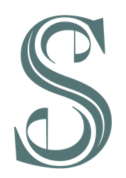 Stylized teal capital S monogram on a white background