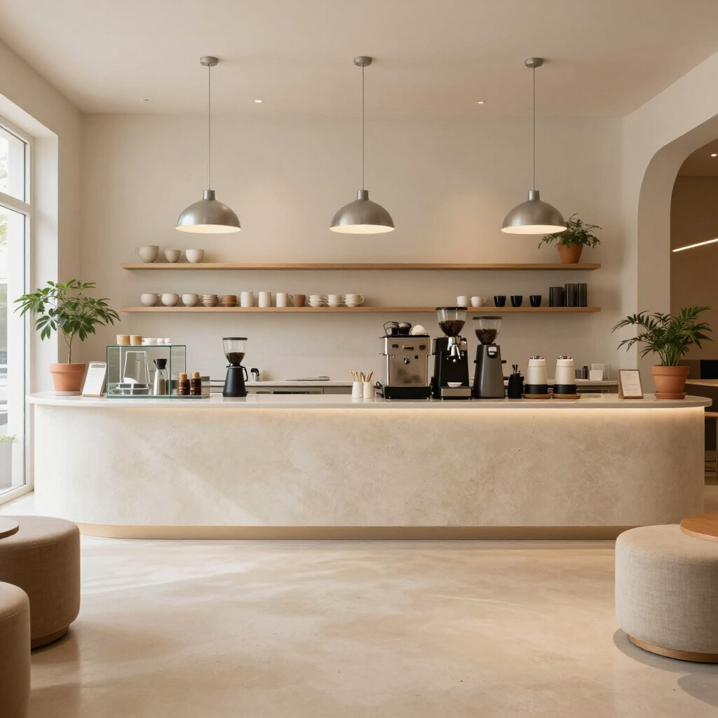 Minimalist cafe counter with pendant lights, shelves, and potted plants in a bright beige interior