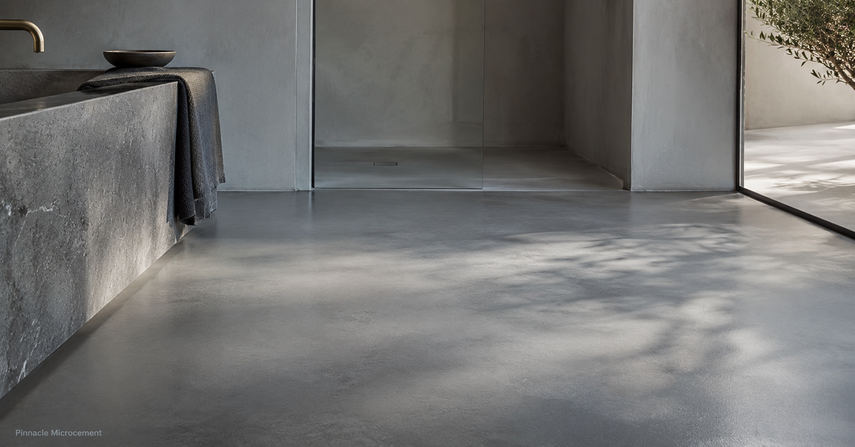 Empty concrete patio with sunlight casting tree shadows near a doorway