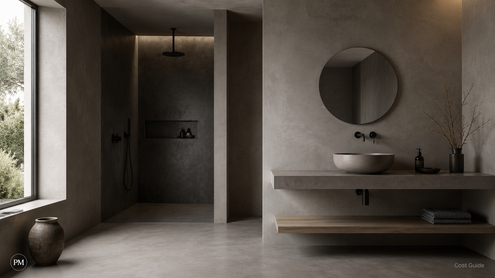Modern microcement bathroom in London with seamless neutral walls and flooring
