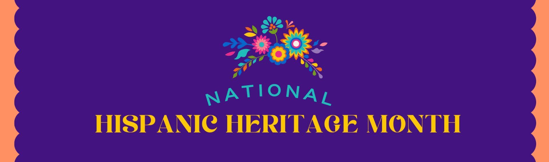A banner for national hispanic heritage month with flowers on a purple background.