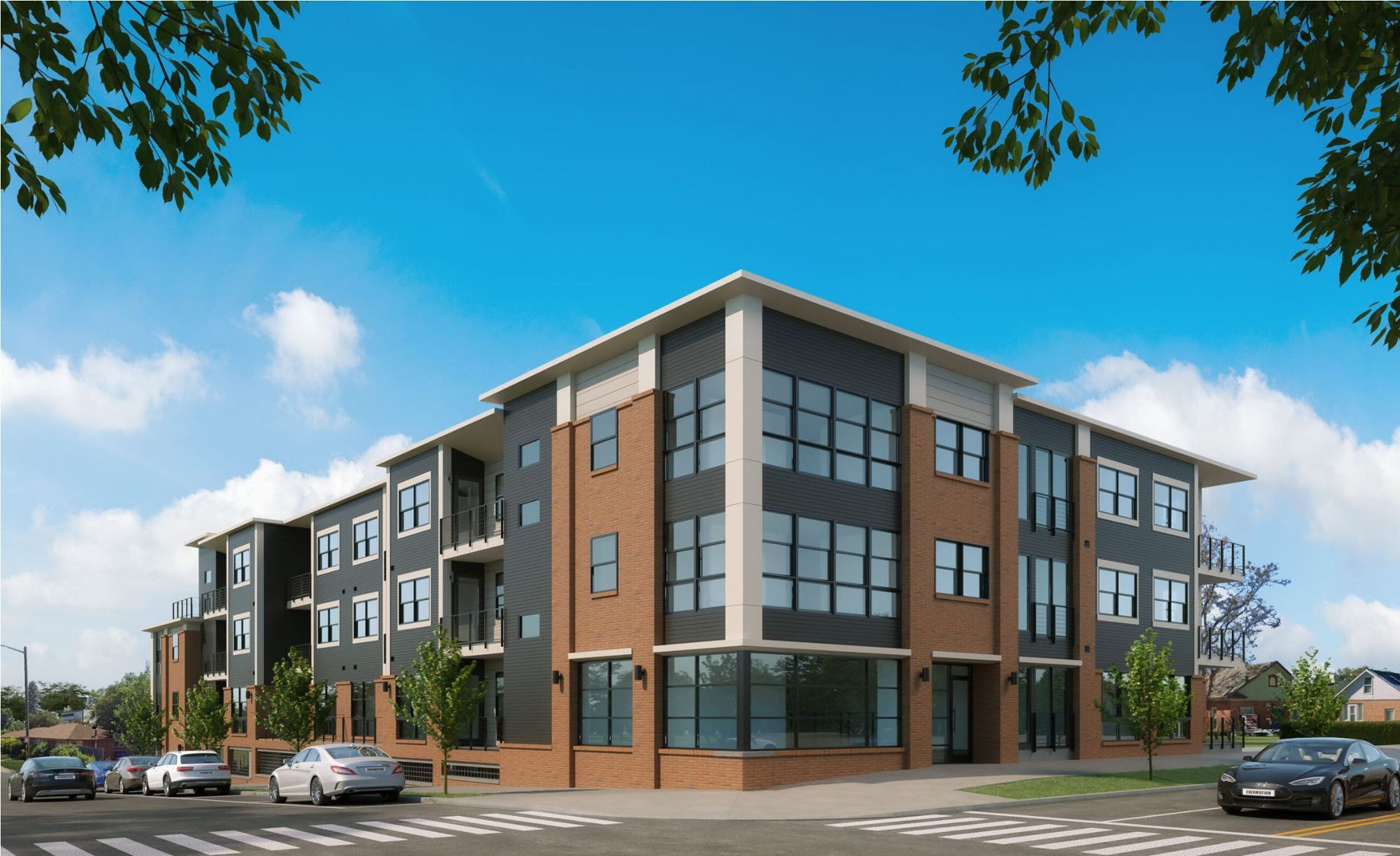 An artist 's impression of a large apartment building with cars parked in front of it.