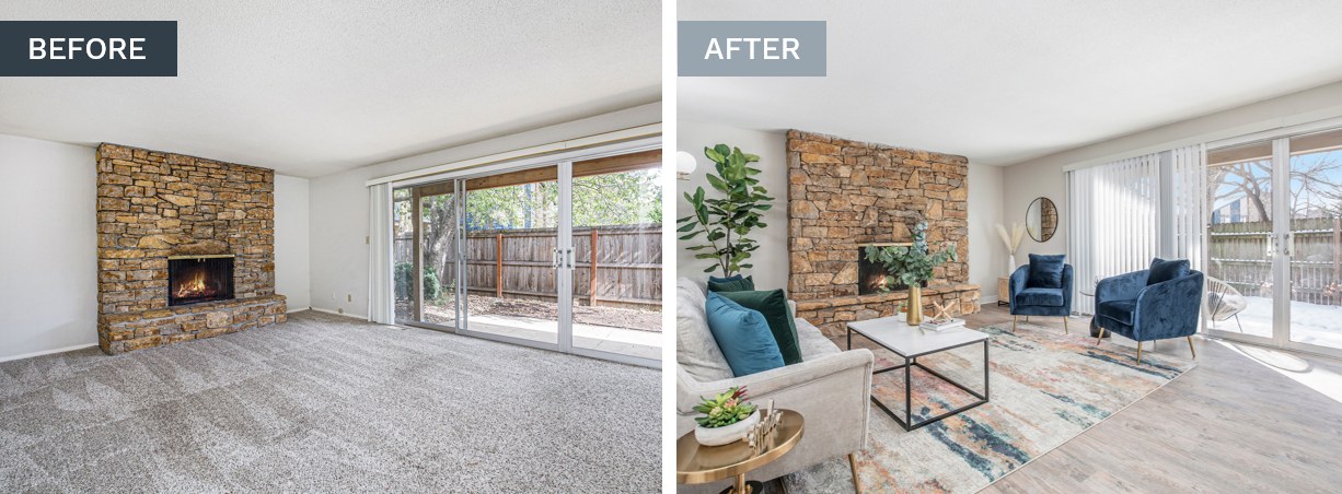 A before and after photo of a living room with a fireplace.