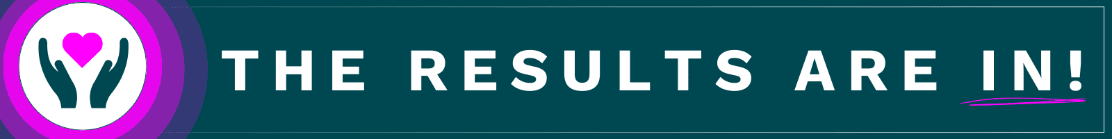 A blue sign that says the results are in