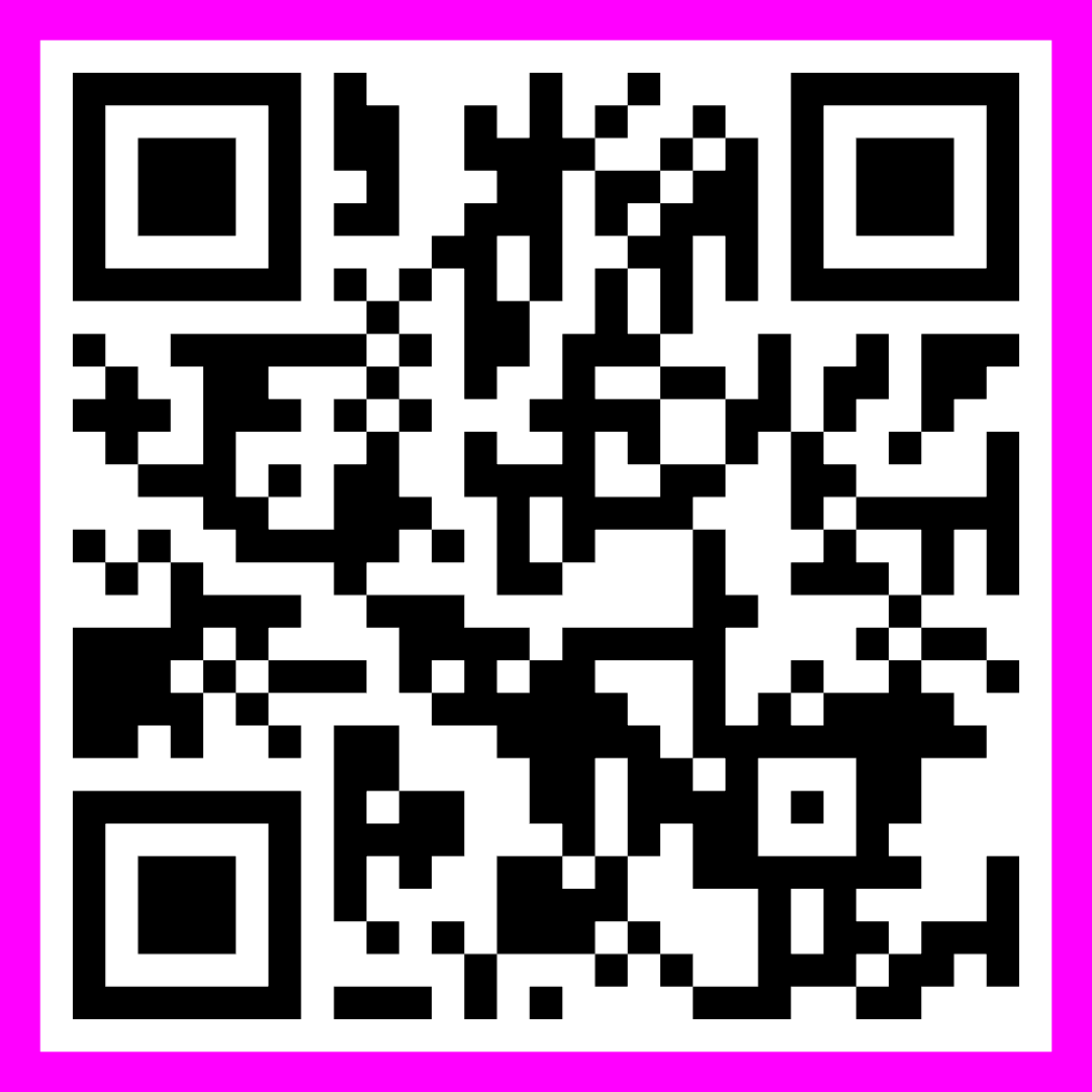 A black and white qr code on a pink background.