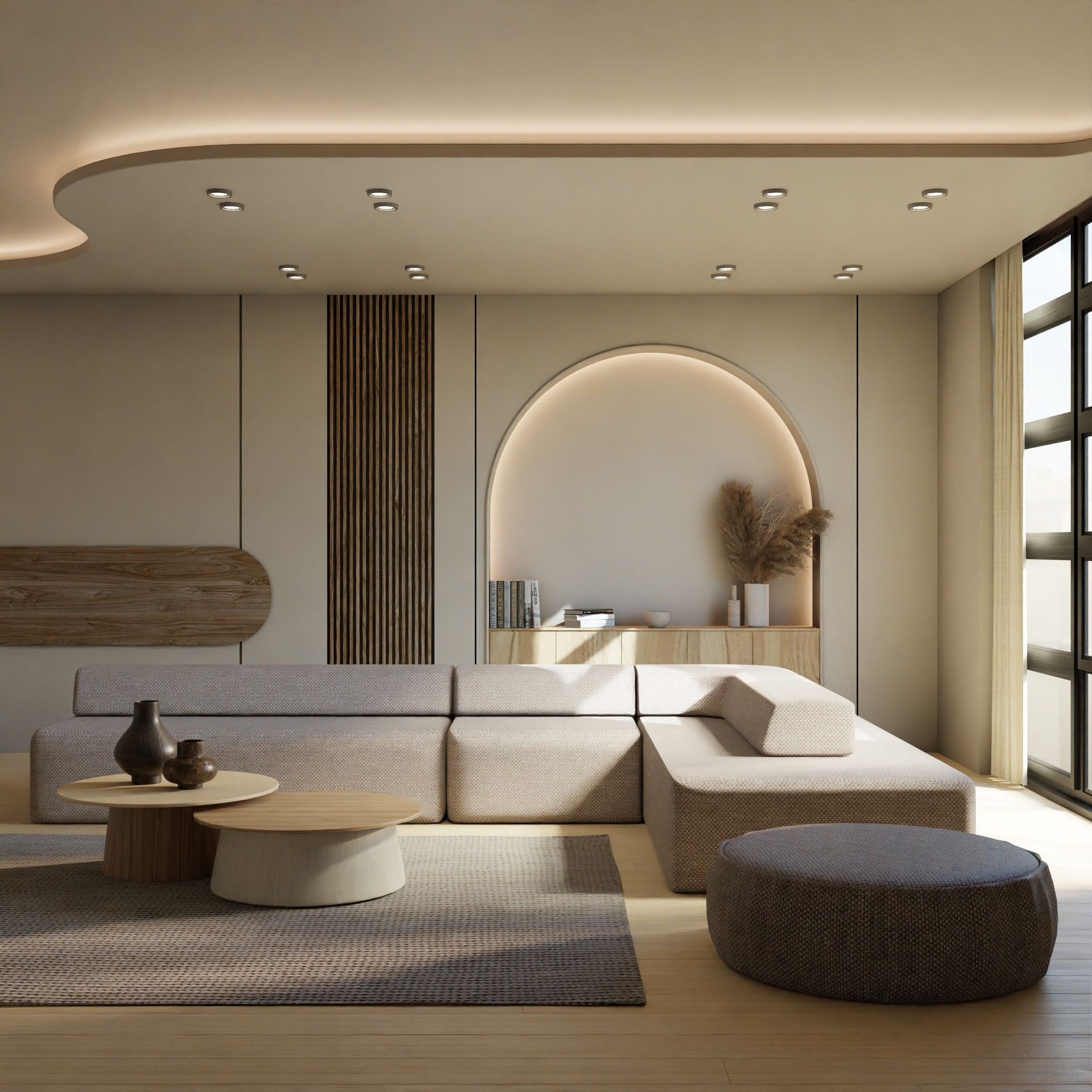 Un salon rempli de meubles et d'une lucarne.