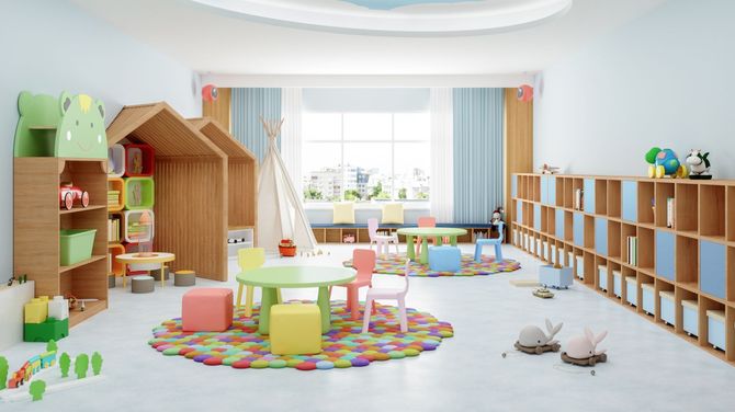 Bright preschool playroom with toys, bookshelves, colorful rugs, and a sunlit window