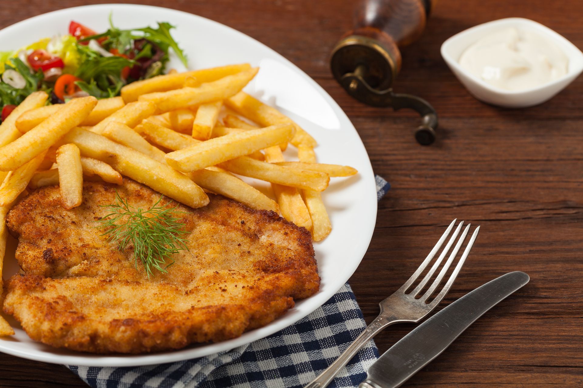 Breaded cutlet with fries and salad on a white plate, with dipping sauce on a wooden table