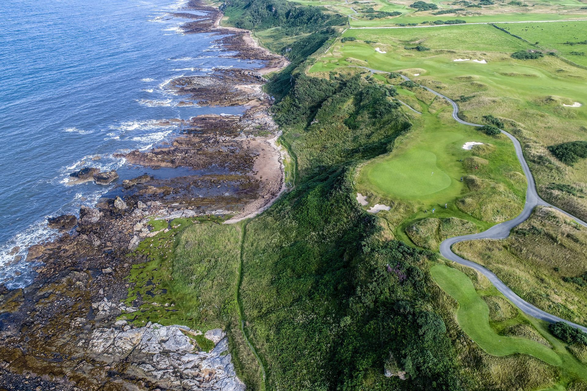 Aerial view of a green coastal cliff beside the ocean and rocky shoreline