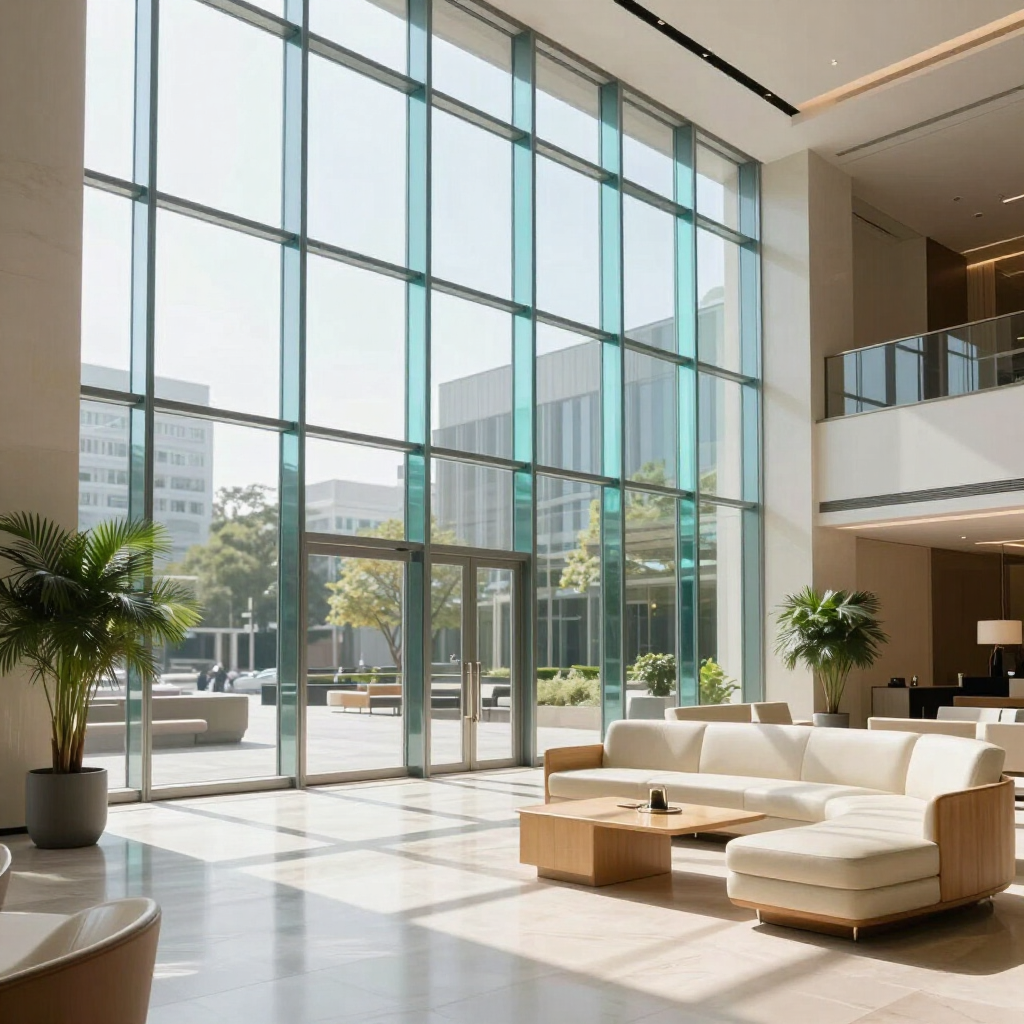 Lichte, moderne lobby met ramen van vloer tot plafond, een witte bank, planten en een houten salontafel.