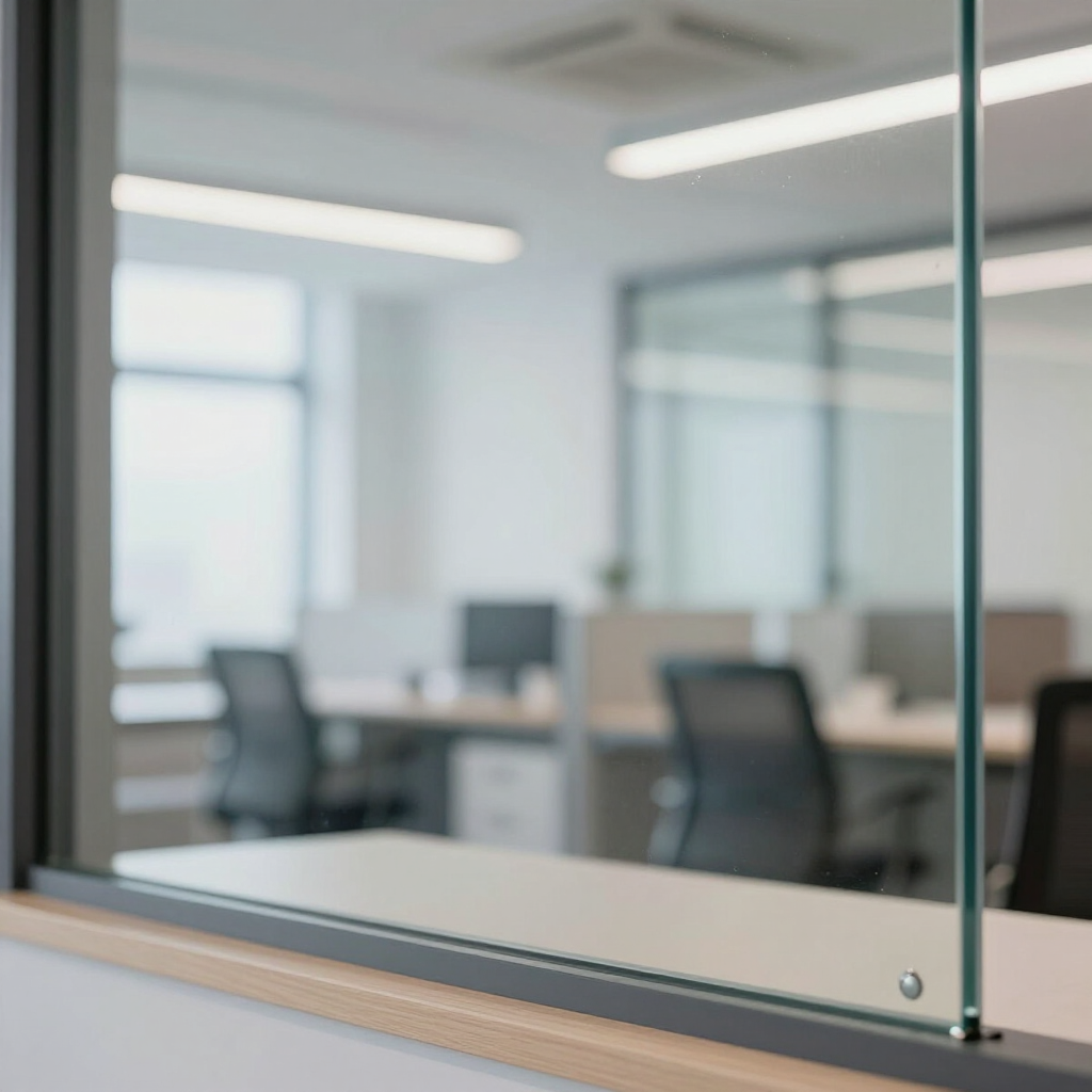 Modern kantoorinterieur, zichtbaar door een glazen scheidingswand, met bureaus, stoelen en heldere plafondlampen.