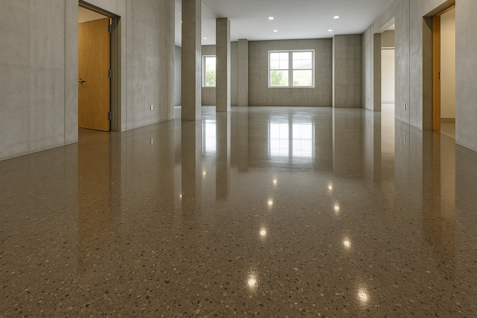 Polished concrete floor in an empty room, with several pillars and a window.