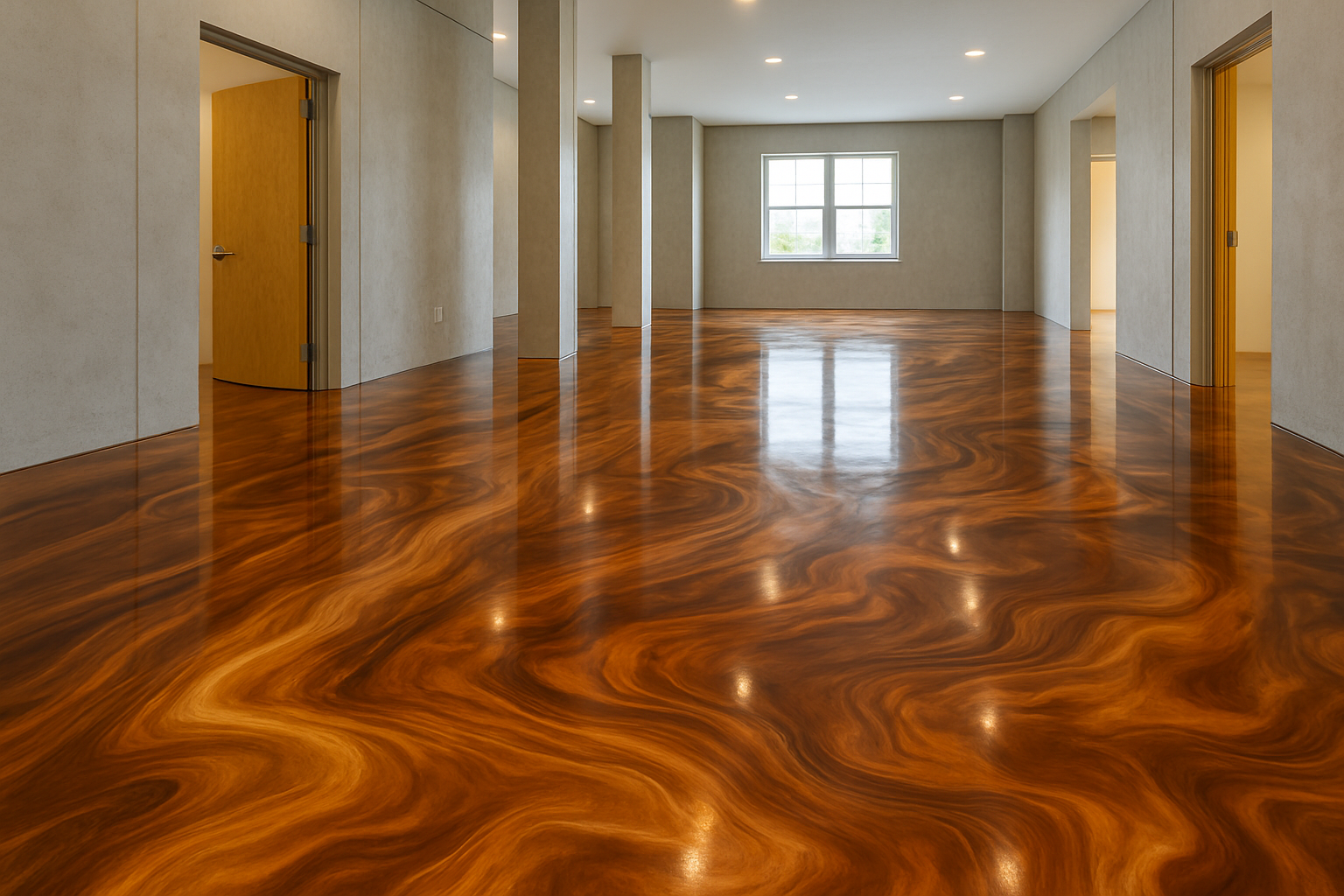 Spacious room with reflective, wood-toned epoxy floor. Interior features columns, doorways, and a window.
