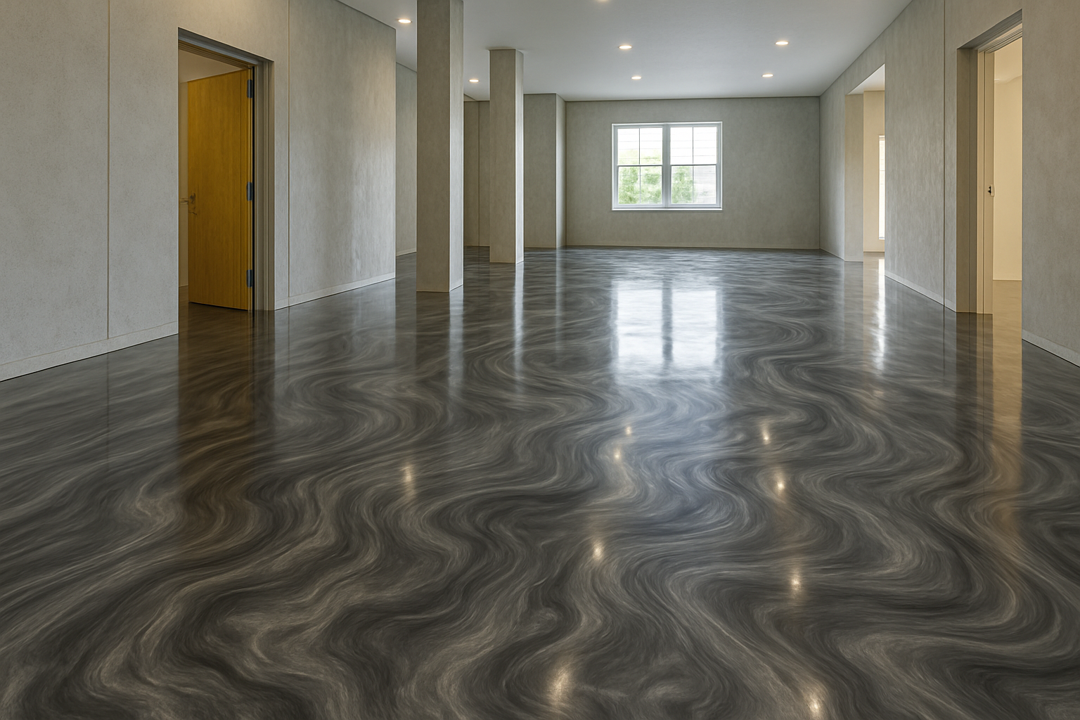 Empty room with glossy, swirled gray flooring. White columns, walls, door and window.