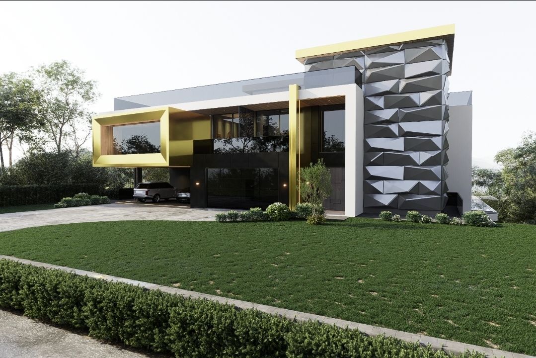 Modern house with yellow and gray accents, geometric facade, and manicured lawn.