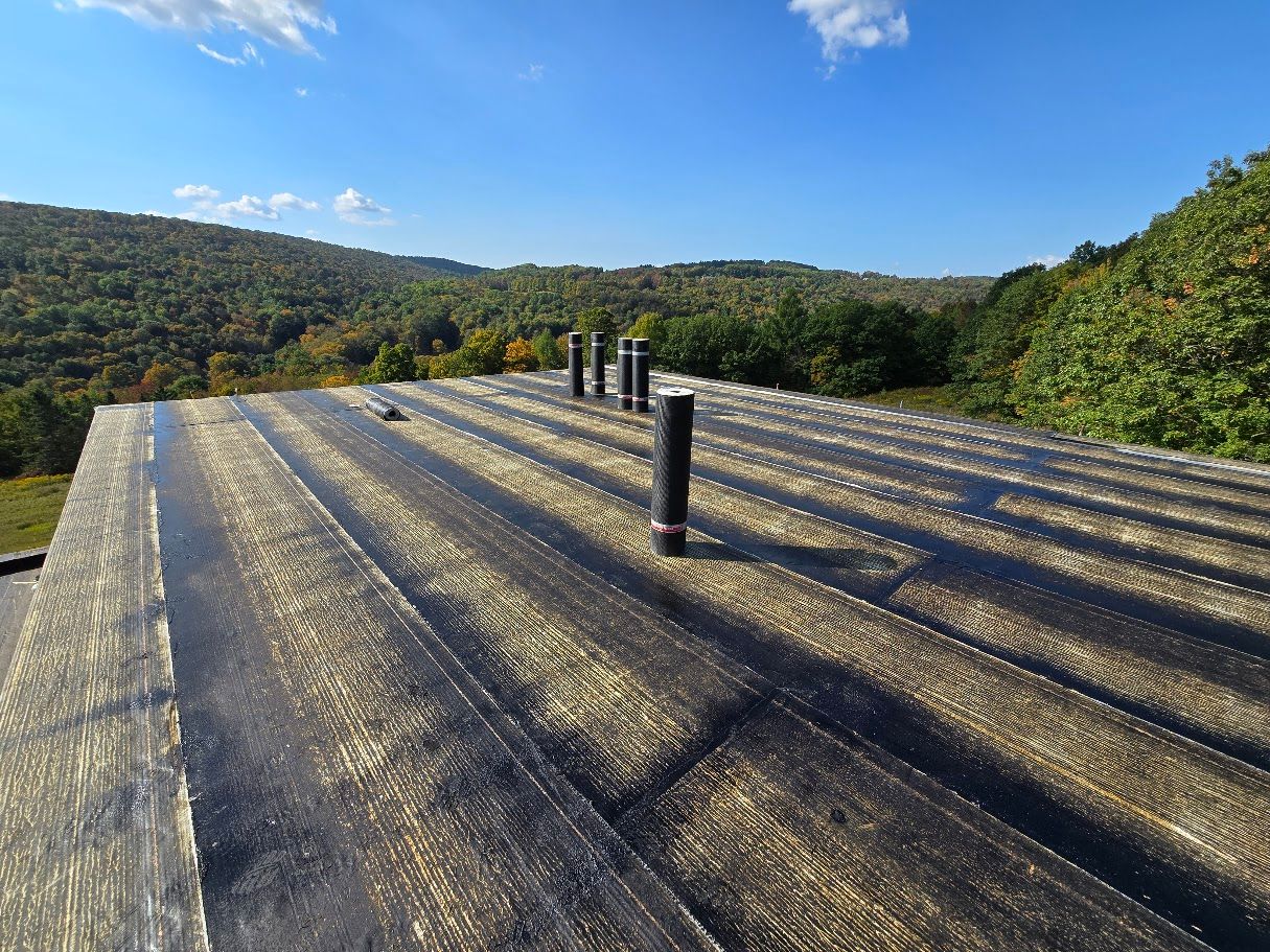Black, corrugated roof with several black pipes extending upward, set against a green, forested hillside and a blue sky.